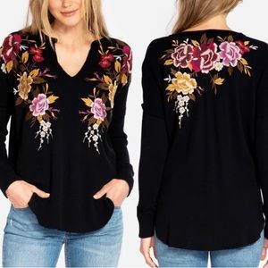 Johnny Was Black Floral Embroidered Long Sleeve Top